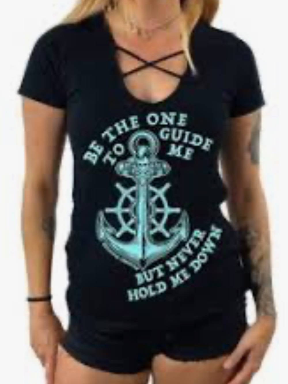 Beautiful Disaster Black Guide Me Strappy V neck Short Sleeve Graphic Tee Size S